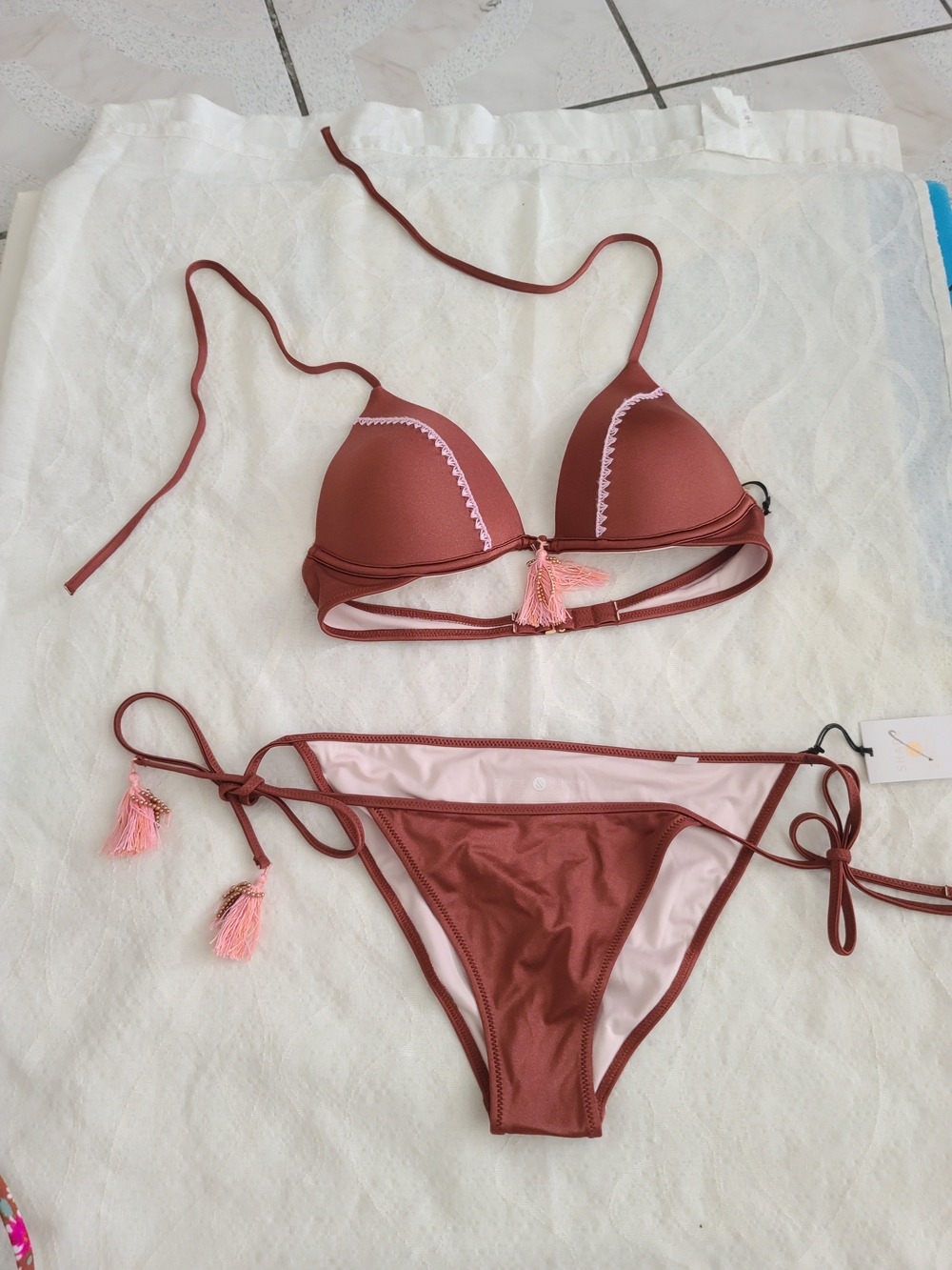 Rust Tie-Side Bikini with Pink Tassel Trim